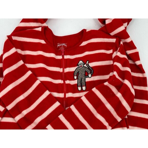 Nick & Nora Pajamas Womens One Piece Footie Red Stripe Sock Monkey Fleece Small - Picture 2 of 7